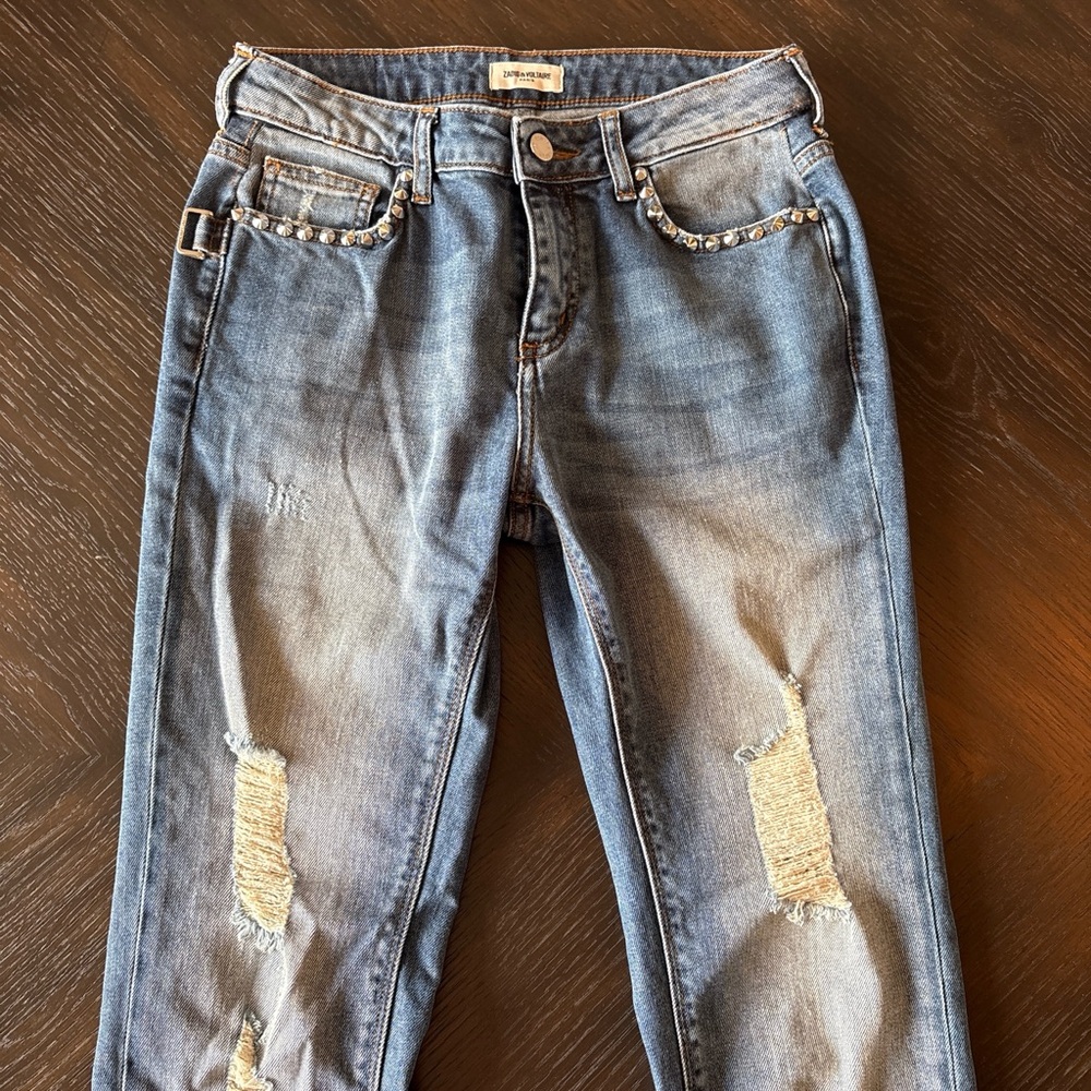 Zadig & Voltaire Eva Studded Distressed Slim Jeans Light Wash Sz 26 luxury demin - Picture 7 of 14
